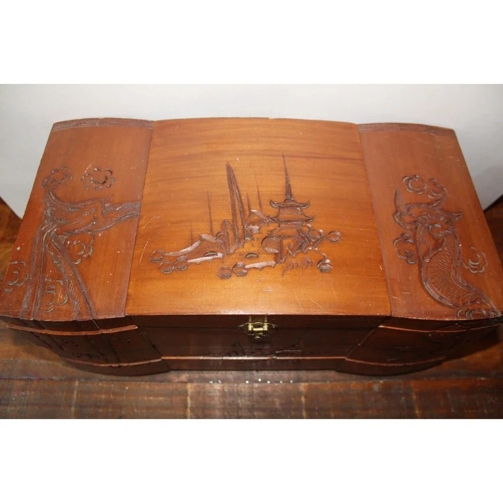 Vintage Asian Wood Carved Large Jewelry Box Dragon Red Velvet Lining SEE NOTE